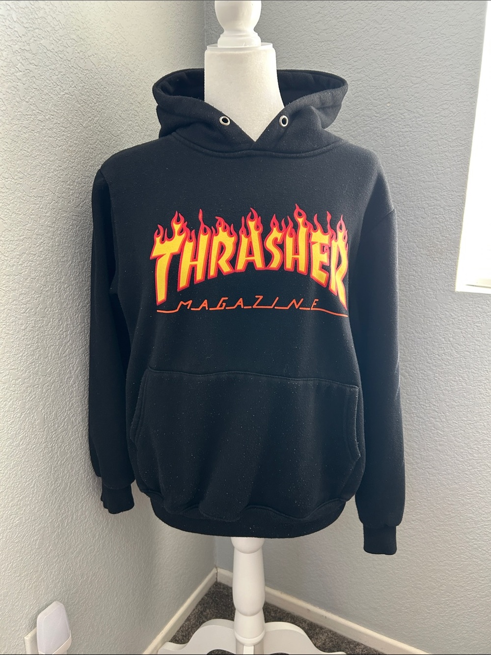 Thrasher Black Hoodie with Red and Yellow Flame Logo - Kids